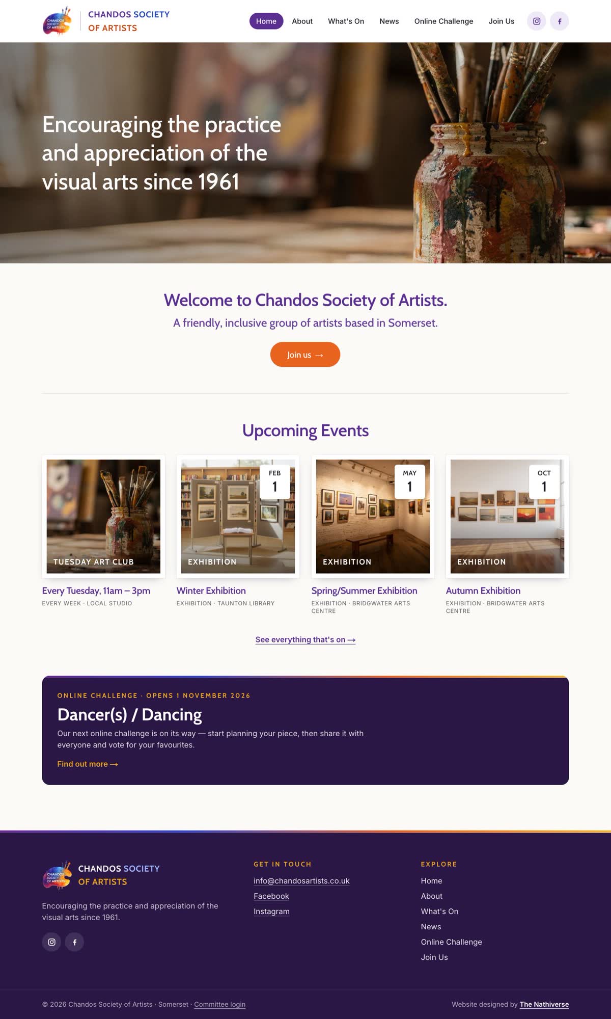 Chandos Society of Artists website on a desktop